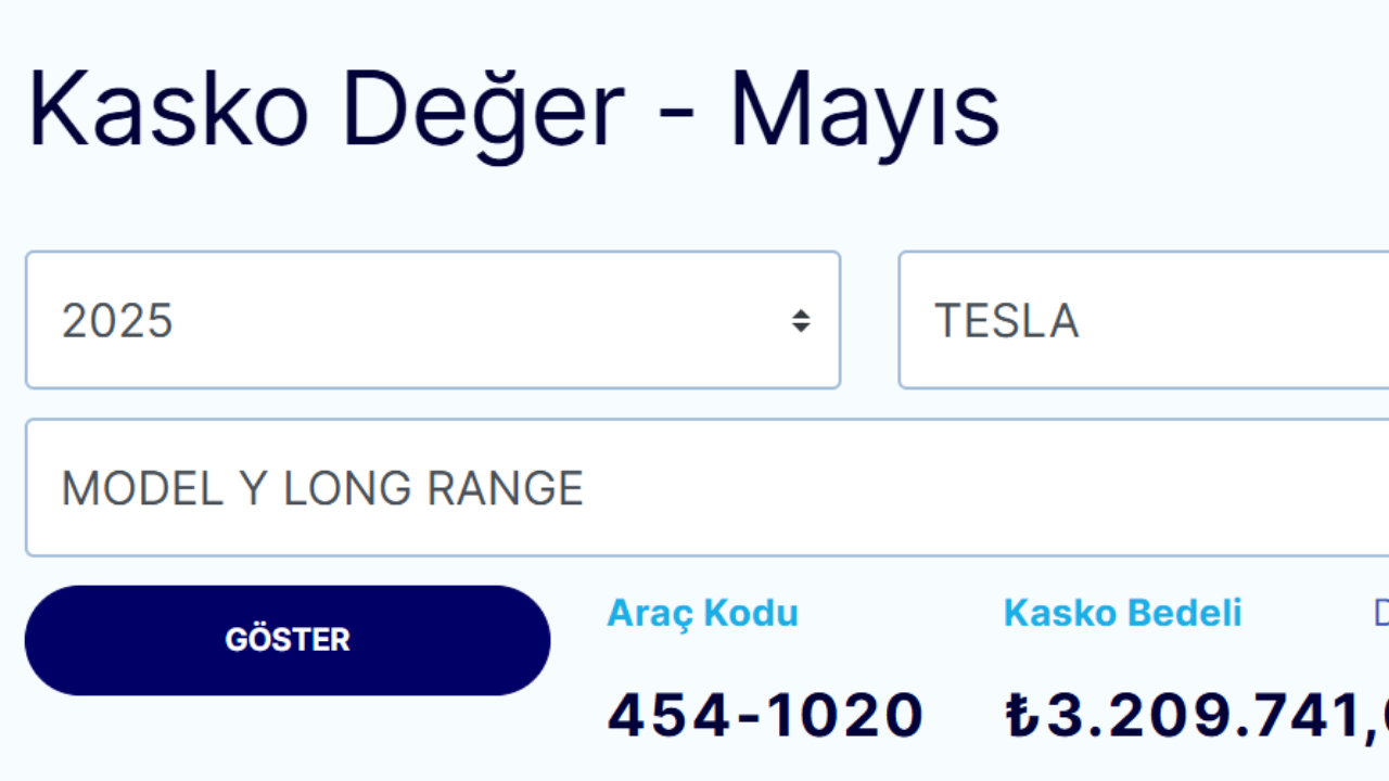 tesla kasko değeri mayıs 2025