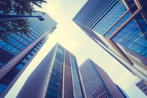 Beautiful skyscraper with architecture and glass window exterior of building around business area in the city